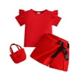 thumbnail image 2 of CUZIBR Toddler Girls Solid Color Outfits 3 Piece Crewneck Ribbed Ruffles Short Sleeve Tops T Shirt A-Line Floral Pleated Skirts With Bag Trendy Elegant Party Dailywear,Red,9-12 Months, 2 of 7