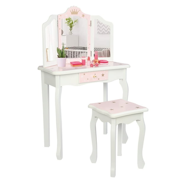 Children S Vanity Table Wooden Toy Makeup Vanity Set With Tri Folding Mirror Wood Dressing Table W Stool Single Drawer Storage Bedroom Furniture For Girls Wood Make Up Vanity Table Set S6222 Walmart Com