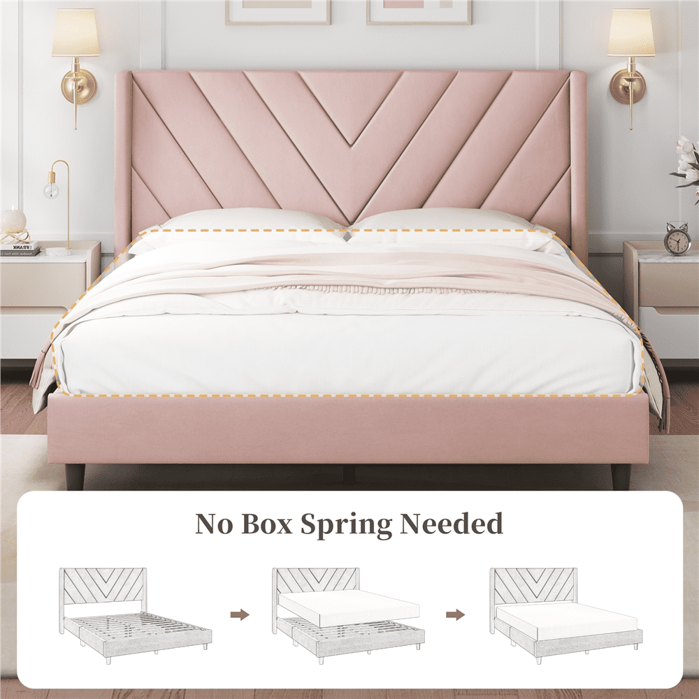 Fullfurnique Upholstered Platform Bed Frame with Wooden Slat Support, Queen, Pink