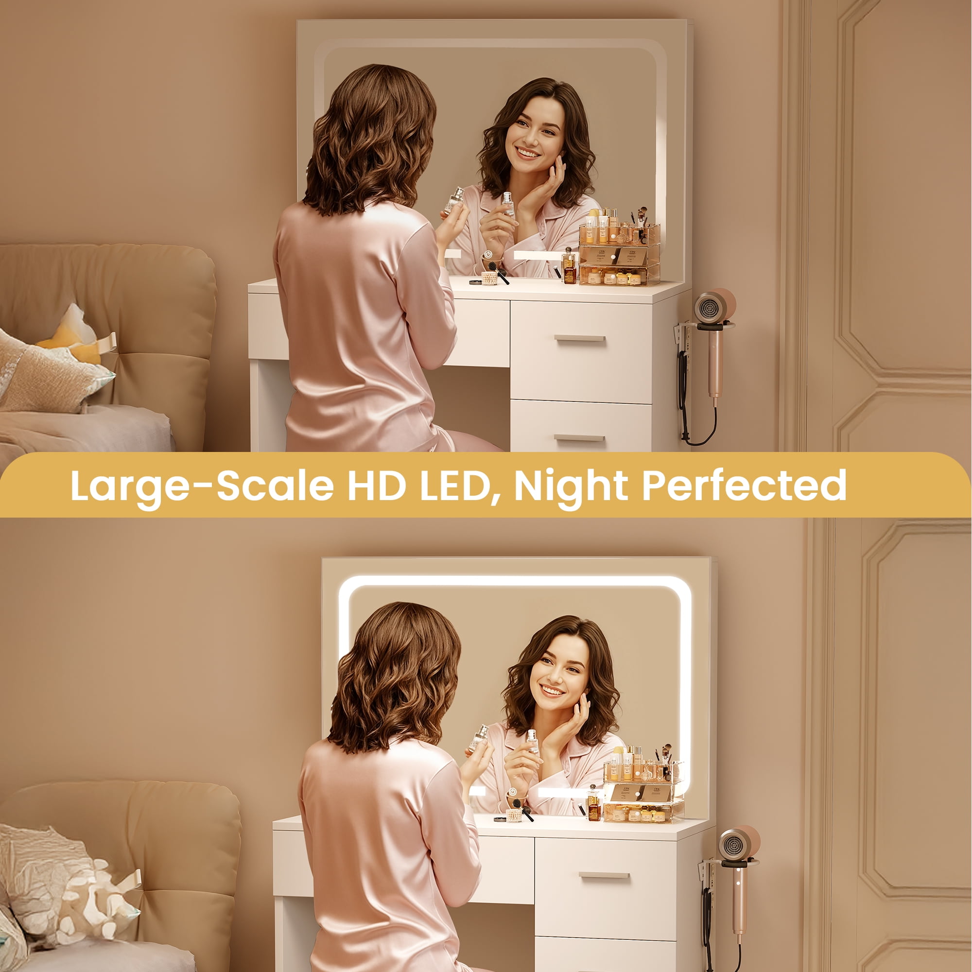 LIVELYGLOW Vanity Set with Mirror&Stool,Makeup Vanity Set with Power Outlet,Vanity Dressing Table with LED Light for Bedroom,White