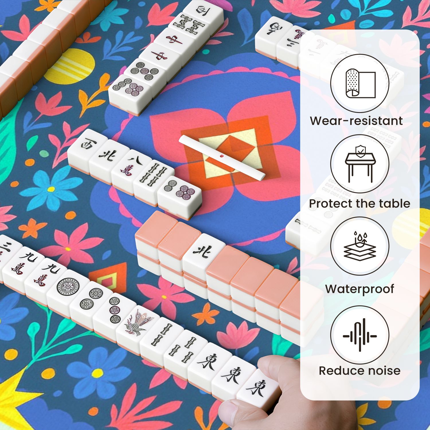 Mahjong Mat 31.5" x 31.5" Vibrant Floral Geometric Center Bright Colors Intricate Anti-Slip and Noise Reduction Symmetry Design Mahjong Tiles Table Cover for Dominoes Poker Card Board and Tile Games