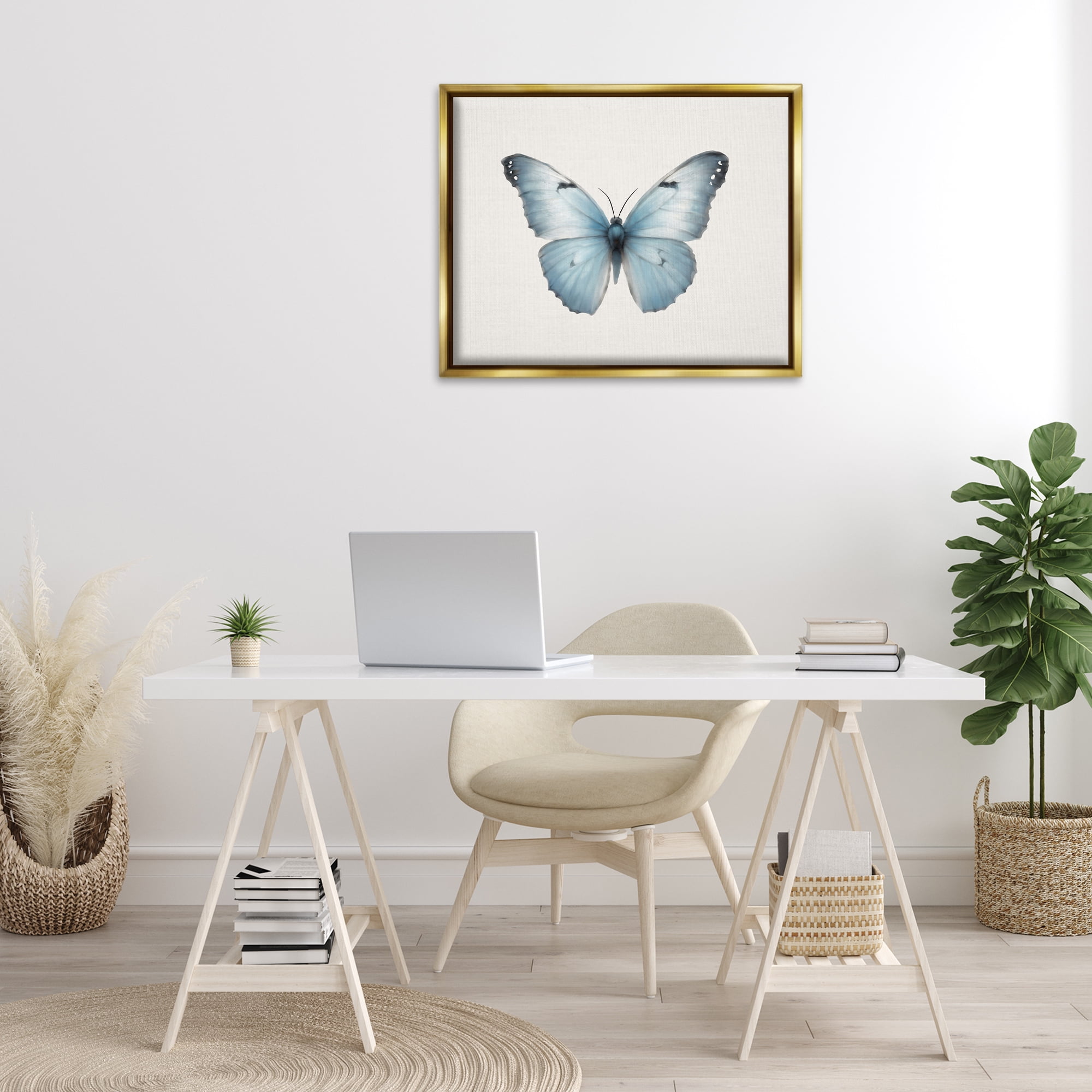 Stupell Industries Blue Symmetrical Butterfly Animals Painting Gold Floater Framed Canvas Art Print Wall Art, 31 x 25