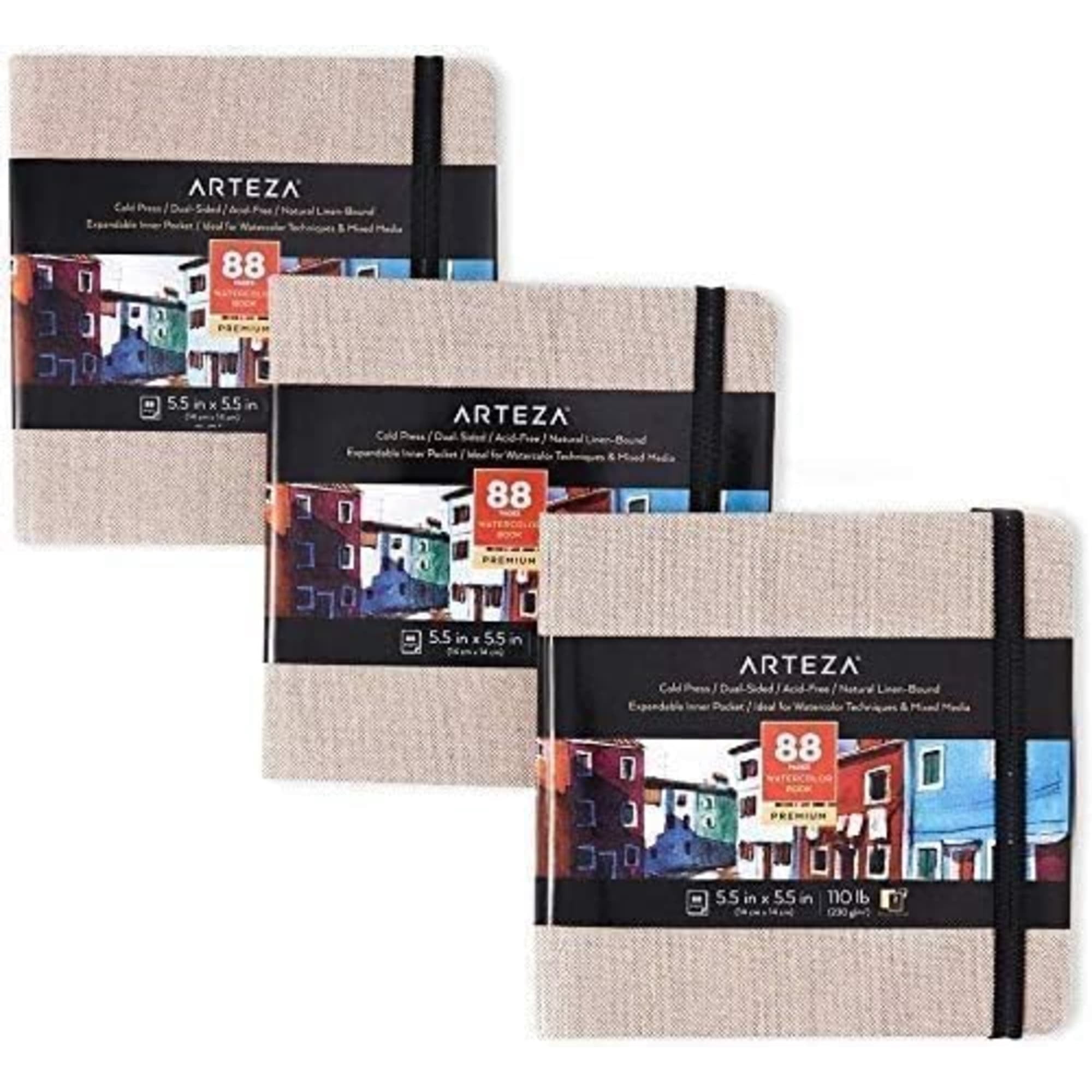 Arteza 5.5" x 5.5" Hardcover Watercolor Sketchbook, 88 Pages, Gray, Set of 3