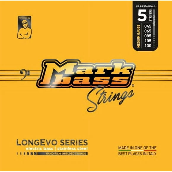 DV Mark Longevo Series - Electric Bass Strings Set of 5, Medium Gauge (45-130) - Stainless Steel Bass Guitar Strings, Long Scale