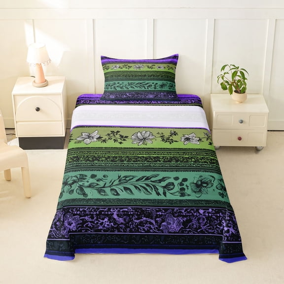 Homewish Bohemian Geometric Stripes Twin Sheets,Retro Floral Bedding,Purple,3pcs,1 Fitted Sheet and 1 Pillowcase
