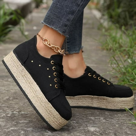 

XDDST Casual Sneakers for Women Medium Heel Women Casual Shoes Lace Up Round Toe Rope Large Casual Women s Shoes with Thick Soles Black