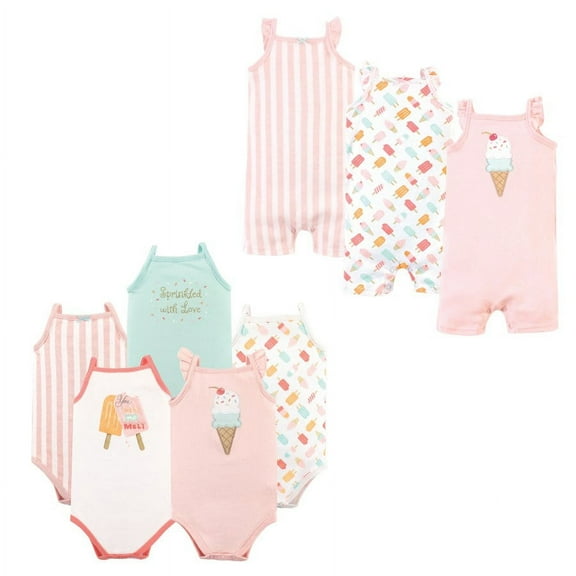 Hudson Baby Infant Girl Cotton Bodysuits and Rompers, 8-Piece, Ice Cream, 0-3 Months