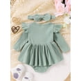thumbnail image 3 of Newborn Baby Girls Outfit, Long Sleeve Crew Neck Bow A-line Romper Dress with Headband, 3 of 9