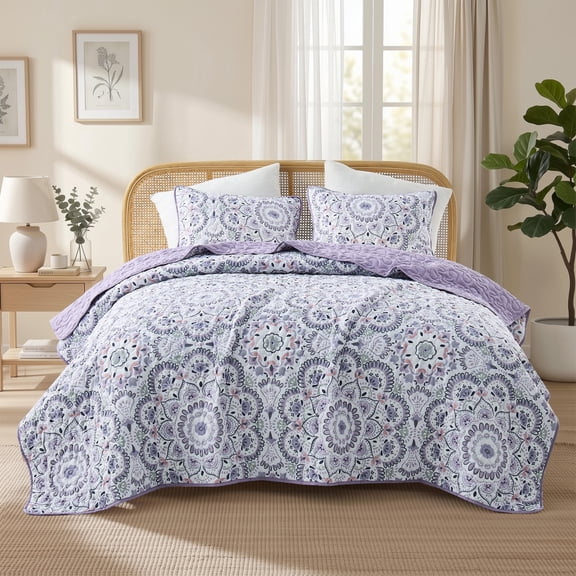Regency Heights Full/Queen Quilt Set, 3-Piece Reversible Bedspread Coverlet Set, Purple Quilted Bedding Set with Shams for All Season