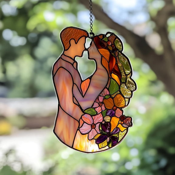 Handmade Stained Glass Couple, Wedding Gift for Newlyweds, Romantic Window Hanging