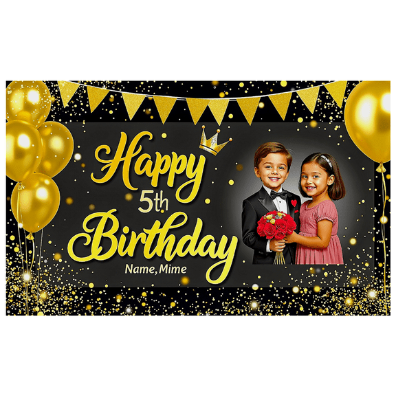 Black and Gold Themed Happy 5th Birthday Banner with Photo Insert Party Backdrop Decoration for Birthday Party Celebrations Photography Props and Event Decorations