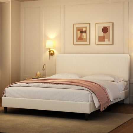 Yaheetech Upholstered Platform Bed with Adjustable Headboard Queen Beige