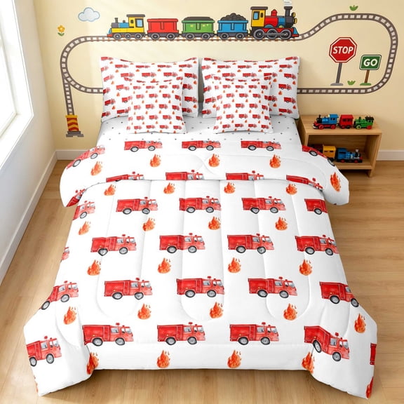 Erosebridal Fire Truck Twin Bedding, Firefighter Bedding Comforter Set, Blue Night 7-Piece