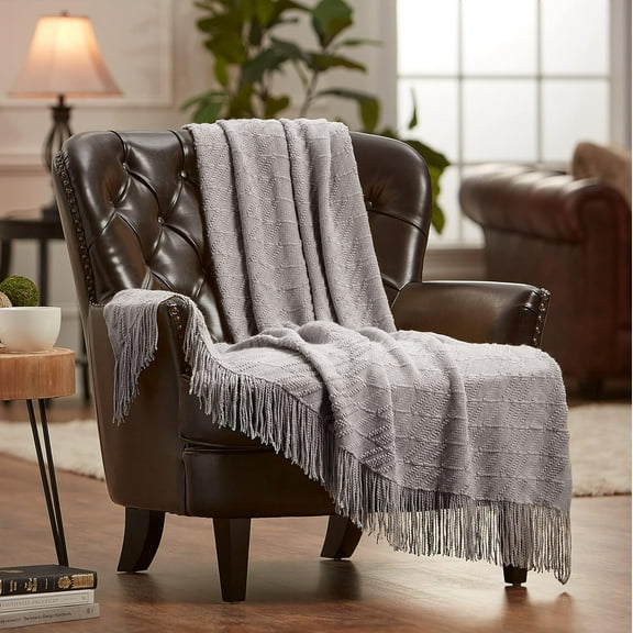 Chanasya Premium Grey Throw Blanket with Tassels - Acrylic Knitted Super Soft Fluffy Warm Cozy Lightweight Chic Boho Blanket for Bed Sofa Chair Couch Cover Living Bed Room (50x65 Inches) Slate