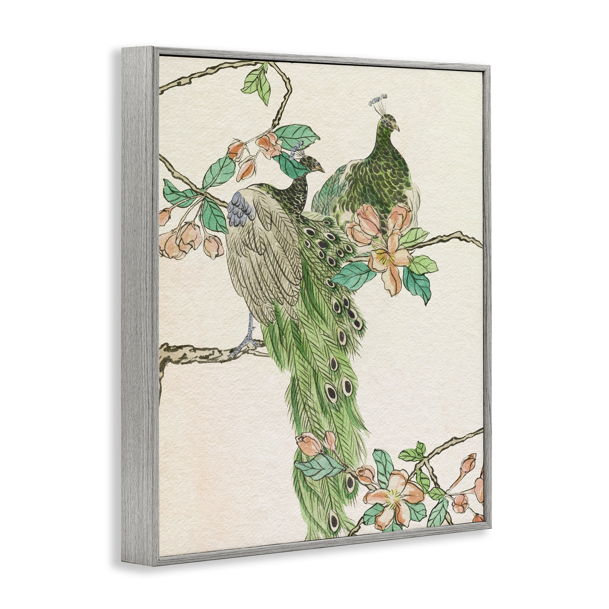 Stupell Industries Traditional Floral Peacock Animals & Insects Painting Gray Framed Art Print Wall Art, 11 x 14