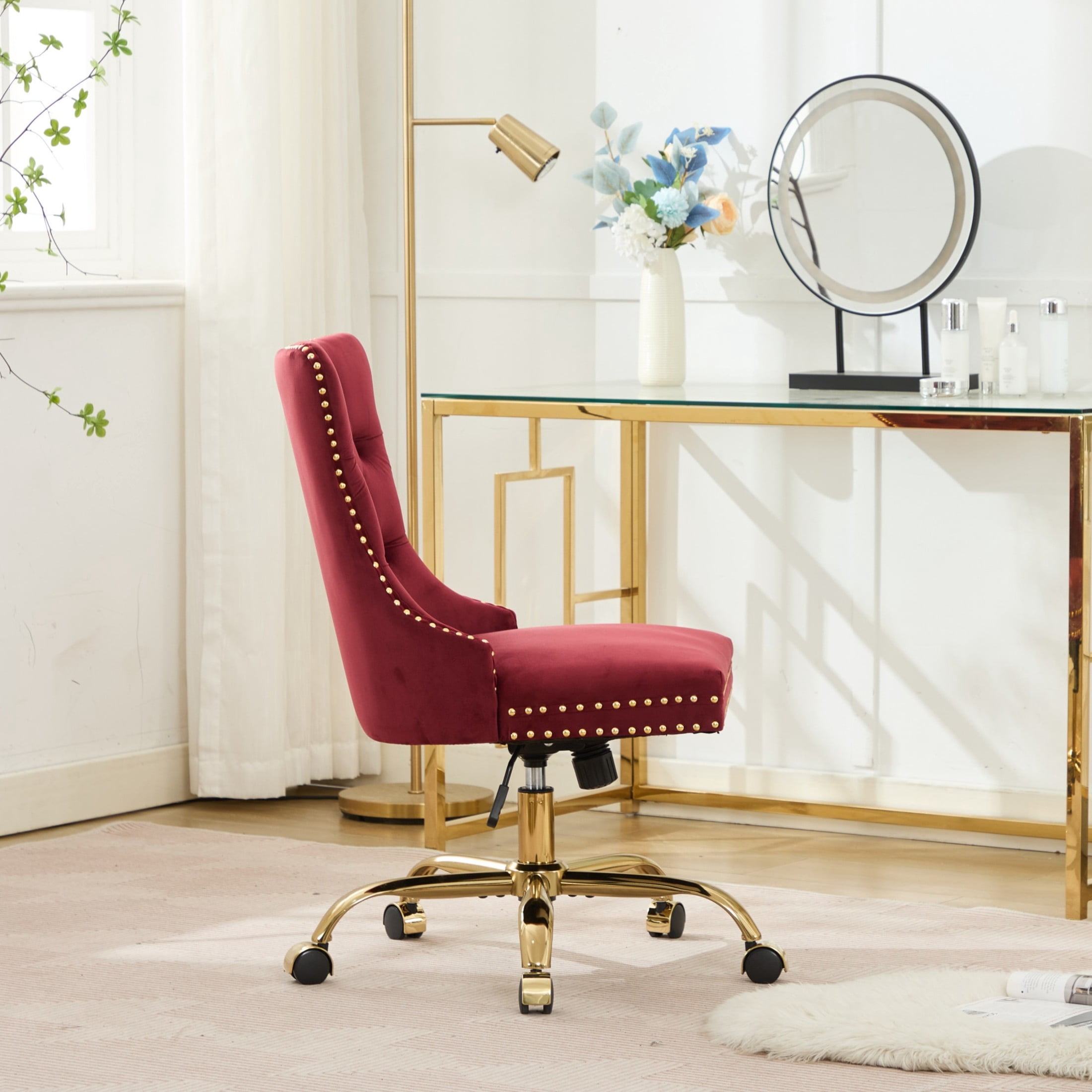 Noble House Velvet Office Chair, Tufted Adjustable Desk Chair with Gold Metal Base, 360° Swivel, Wine Red