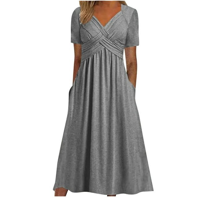 bbymog Robes pour Femmes Robes d'Invitée de Mariage pour Femmes Été Col en V Manches Courtes Robe Midi Grande Taille Robes Élégantes pour Femmes Gris G