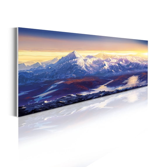 Landscape Acrylic Glass Wall Art, Winter Season Scenery with Mountains Ridges Ski Hikers Adventure, Panoramic Decor Living Room Bedroom & Dorms, 47" x 16", Ceil Blue Cream and Mustard, by Ambesonne