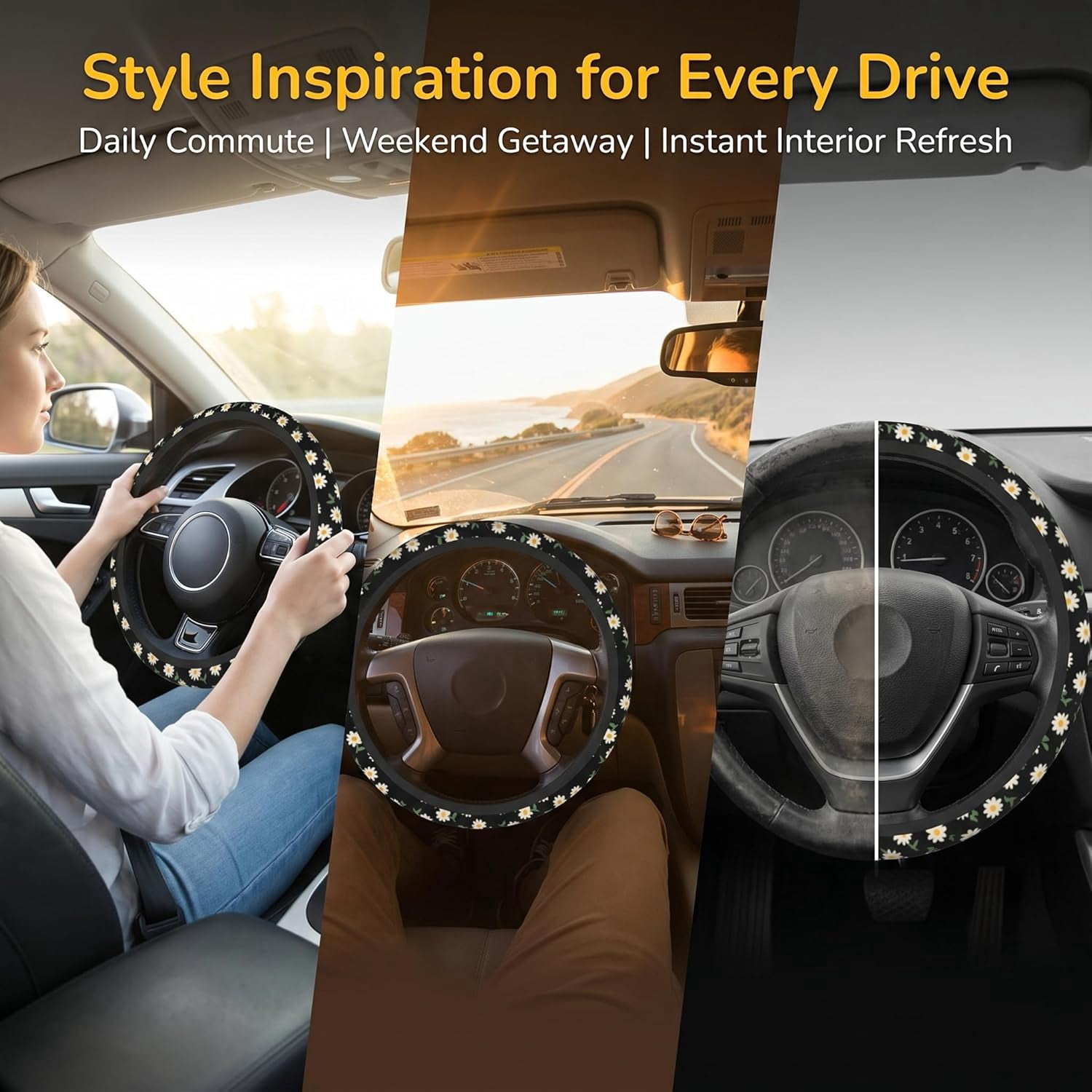 Daisy Flower Steering Wheel Cover for Women - Cute Anti-Slip Breathable Universal 14-15 Inch Car Wheel Cover with 2 Matching Coasters Set, Soft Comfort Grip Accessories