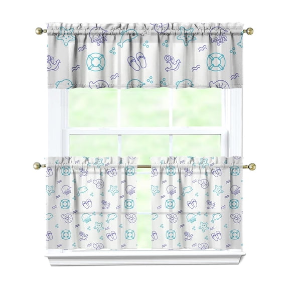 Kitchen Curtains 24 Inch Short - 3 Panel Set, Nautical Starfish Beach Seashell Mermaid Theme, Rod Pocket Window Curtain for Tropical Farmhouse, Easy Wash