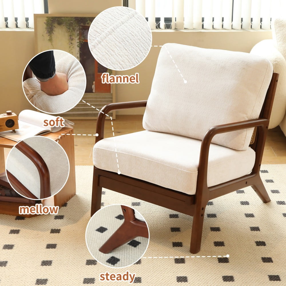 Accent Chair, Modern Upholstered Armchair with Soft Fabric Cushion & Solid Wood Legs, Cozy Reading Chair for Living Room, Bedroom & Apartment, White & Brown