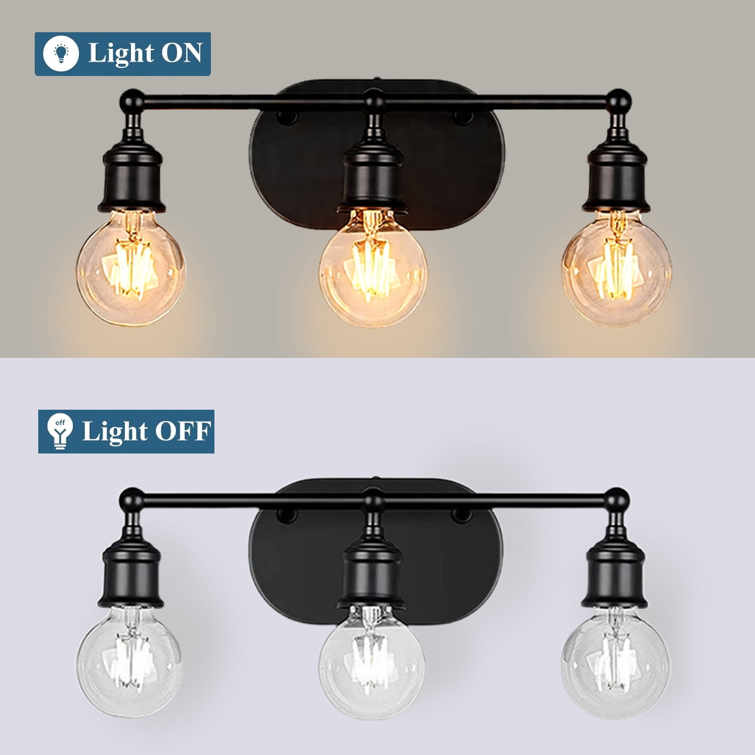 Black Vintage Vanity Light Fixture - 3-Light E26 Wall Mount for Bathroom (Bulbs Not Included)