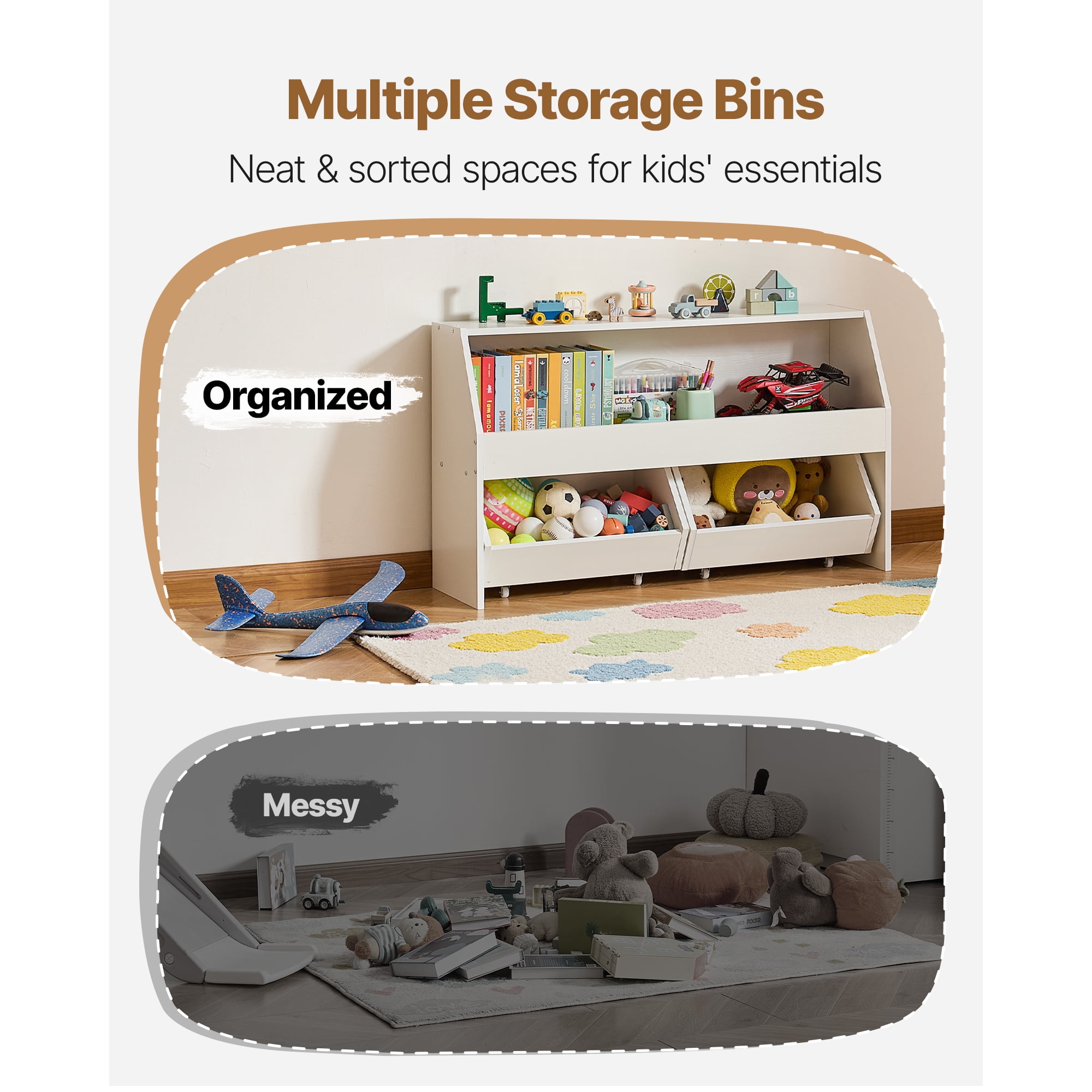 KFFKFF Wooden Kids Storage Organizer with Bookshelf, Toy Cabinet Featuring 2 Mobile Drawers, Ideal for Bedroom, Nursery, Living Room, Entryway, or Preschool, White