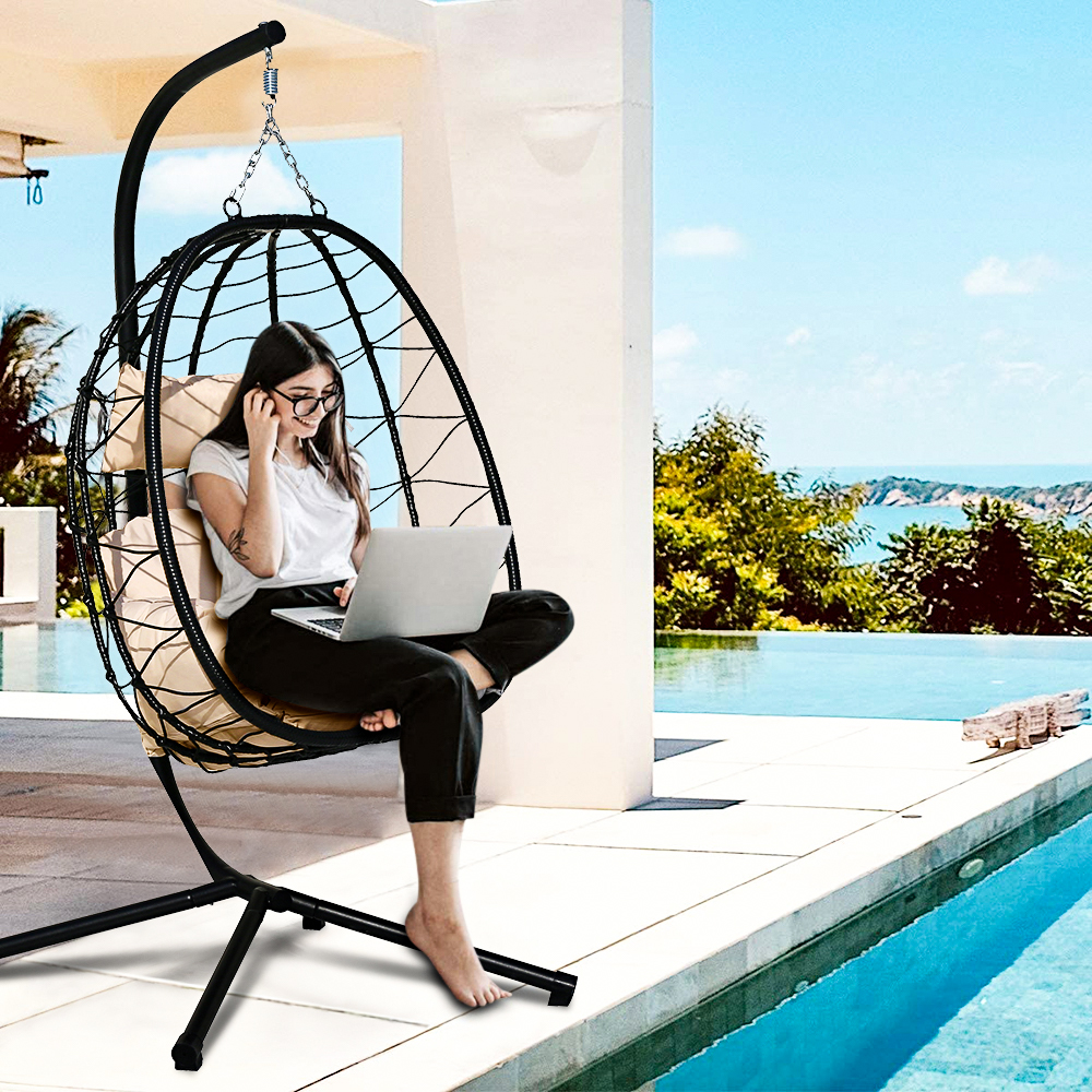 Outdoor Patio Furniture, Hanging Egg Chair with Stand, Black Rattan Wicker Egg Hammock Chair with Hanging Kits, Swinging Egg Chair for Indoor, Bedroom, Patio, Garden, Balcony, Beige Cushion, W8047 - image 4 of 8