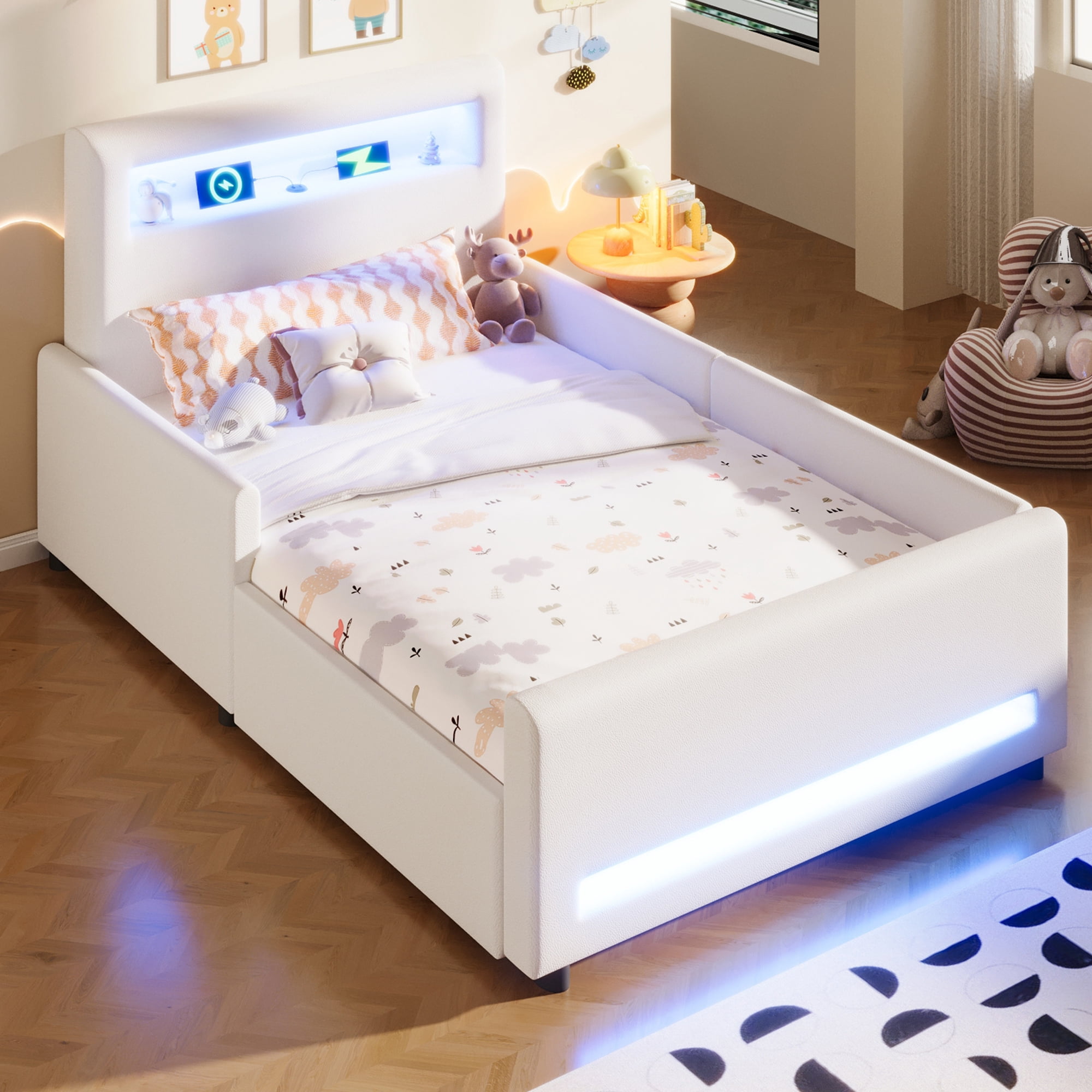 Euroco Upholstered Twin Size Platform Bed with LED Light and USB Ports, 2 Drawers, White