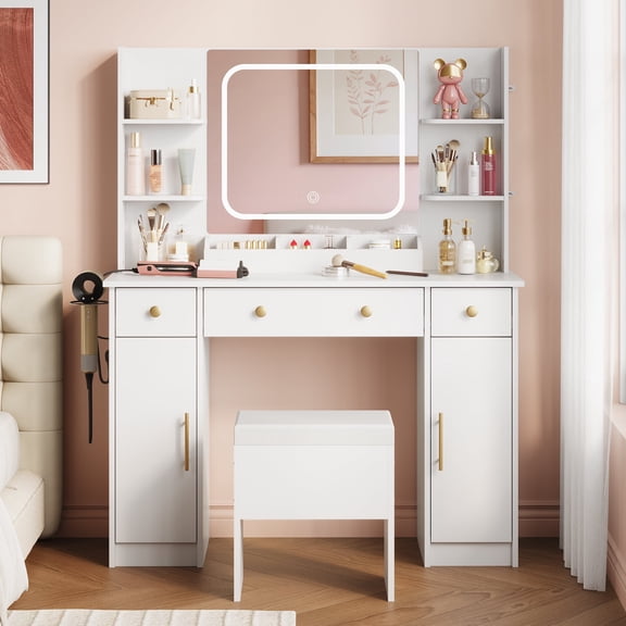 GALAXHERO White Vanity Desk with Lighted Mirror and Chair, RGB Lights, Charging Station, Makeup Table with 3 Drawers and 2 Cabinets, Vanity Stools with Storage for Bedroom