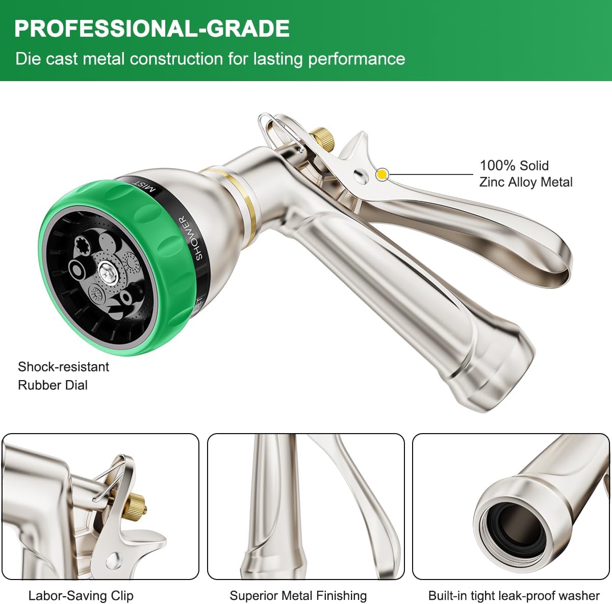 FANHAO Metal Heavy Duty Hose Nozzle with 7 Spray Patterns, Ergonomic Rear Trigger, High Pressure Water Nozzle Sprayer for Lawn