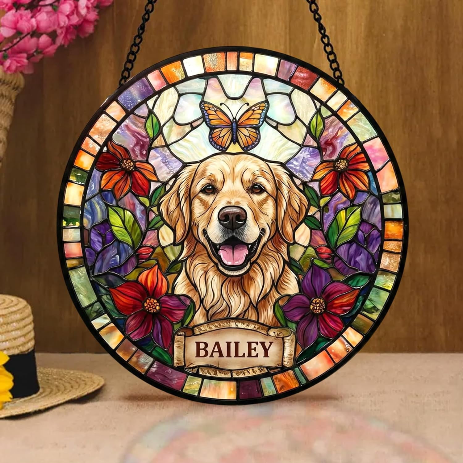 Personalized Dog Stained Glass Sun Catcher Memorial Pet Portrait Hanging Custom Picture Gift for Pet Lovers Sympathy Decor