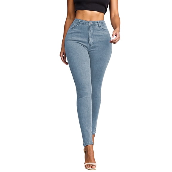 MIXUE Jeans For Women Denim Solid Color High Waist Stretchy Retro With Pockets Pants Holiday Wear,Blue,S
