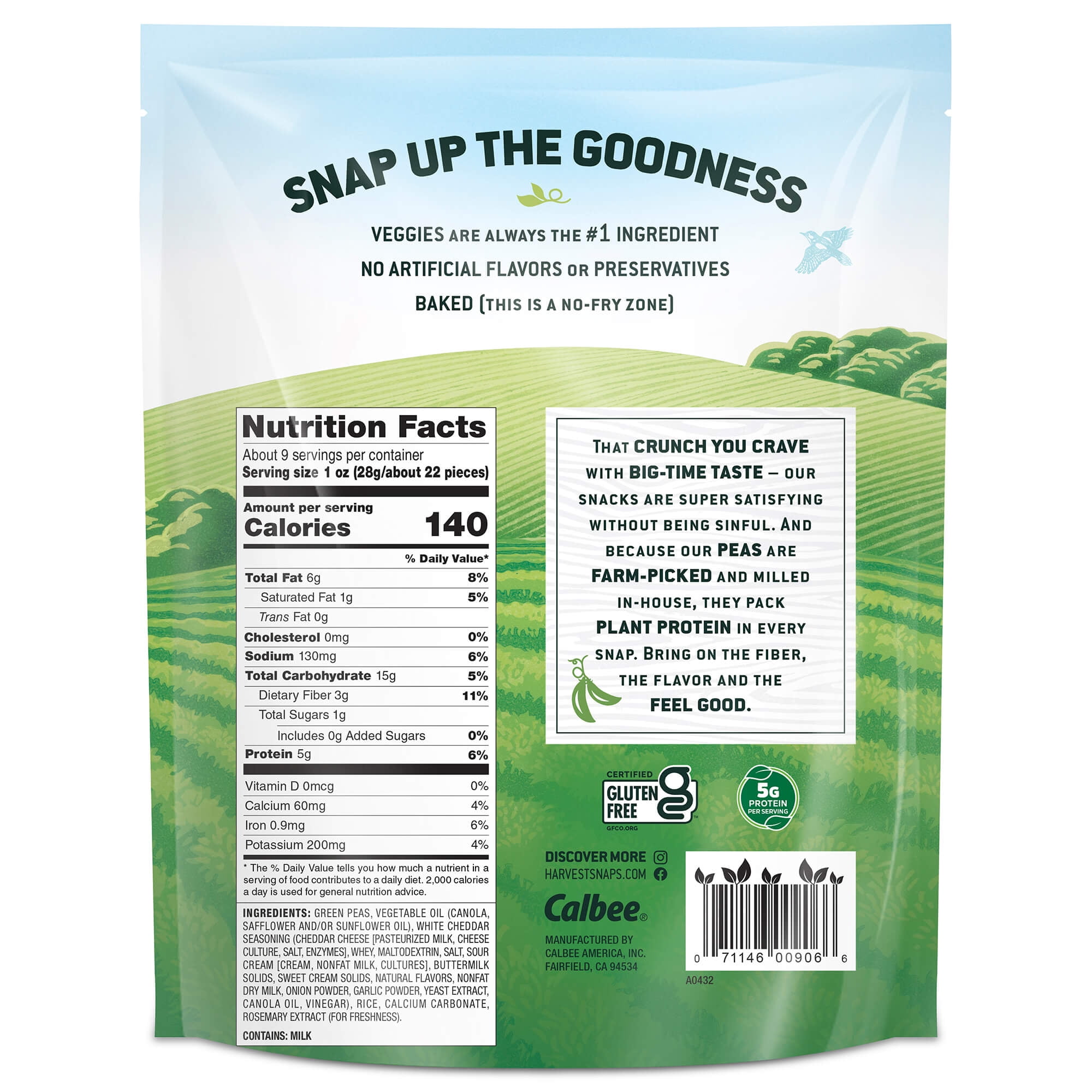 Harvest Snaps Veggie Chips | White Cheddar, 8.5 oz Bag (Case of 6) | Powered by Plant Protein, Gluten Free, Non-GMO Baked Vegetable Crisps | Made in USA