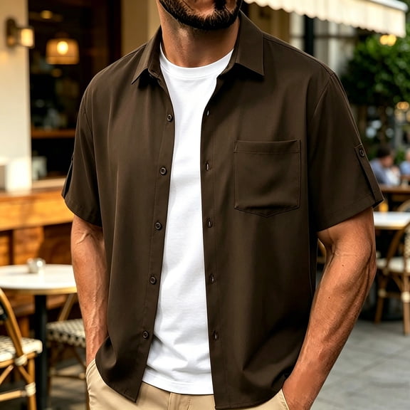 COSFO Brown Button Up Shirts for Men Short Sleeve Casual Summer Shirt Relaxed Fit Collared Work with Pocket Tops