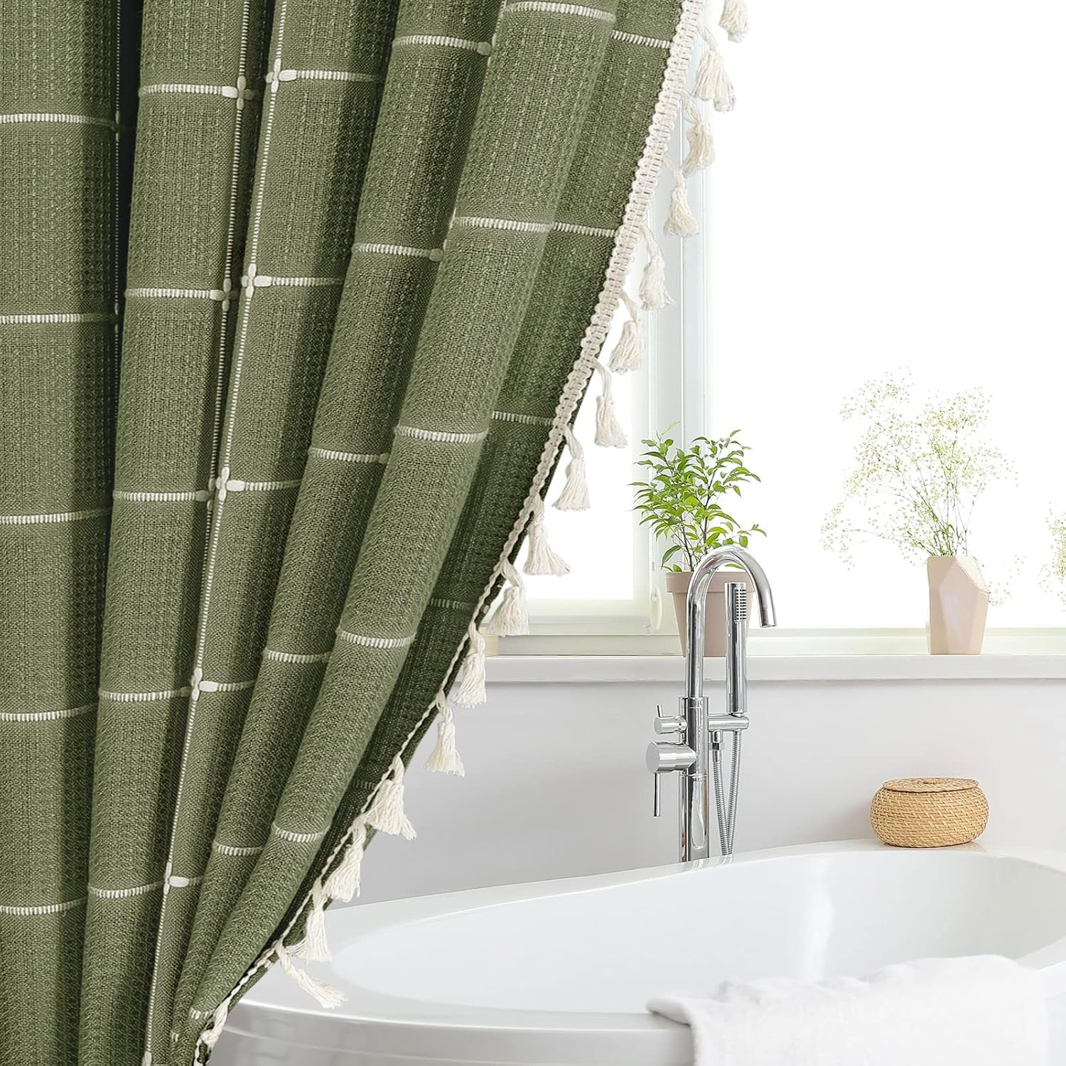 Zrodlmo Boho Farmhouse Shower Curtain with Hooks Rustic Cottagecore Fabric Bathroom Curtain with Tassels, 72" x 72", Green