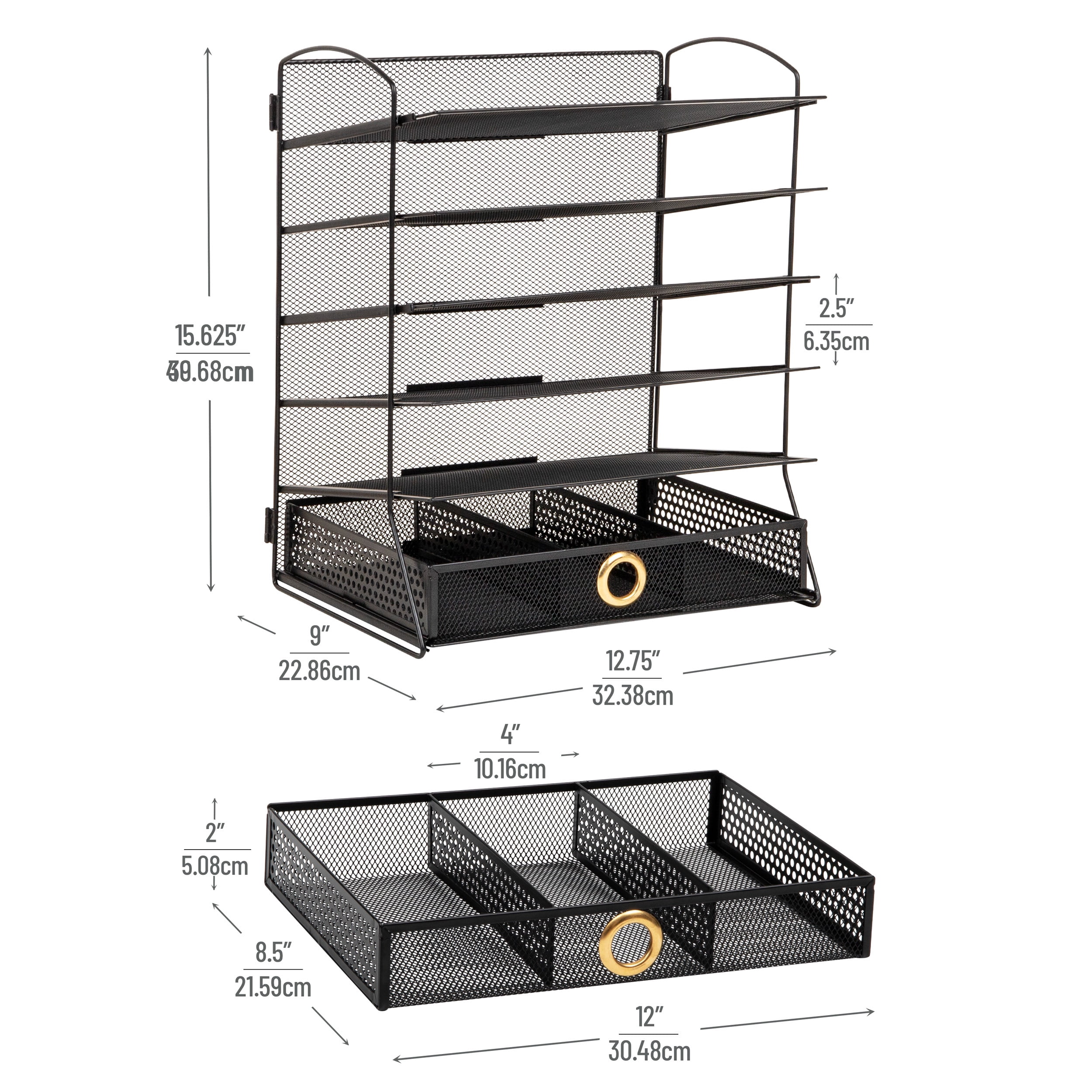 Mind Reader 5 Tier Metal Mesh Desk Organizer with Sliding Trays and Drawer in Black
