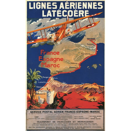 Aerial 3D map from Iberia to the Deserts of North Africa with an Arab holding welcoming hand up to a monoplane Poster Print by