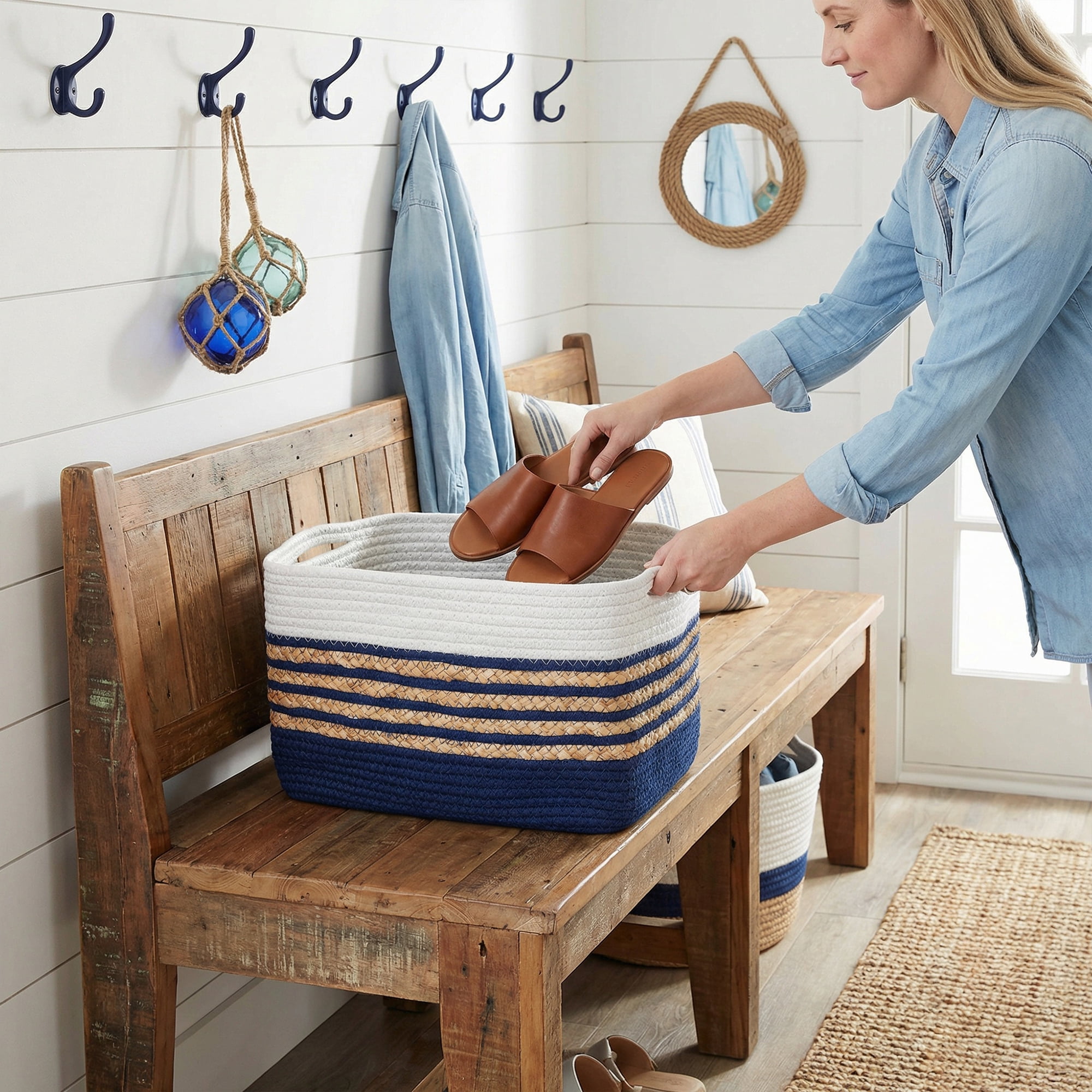 Unique Bargains Woven Storage Basket Storage Bin Blue White 15*9.8*9.1in