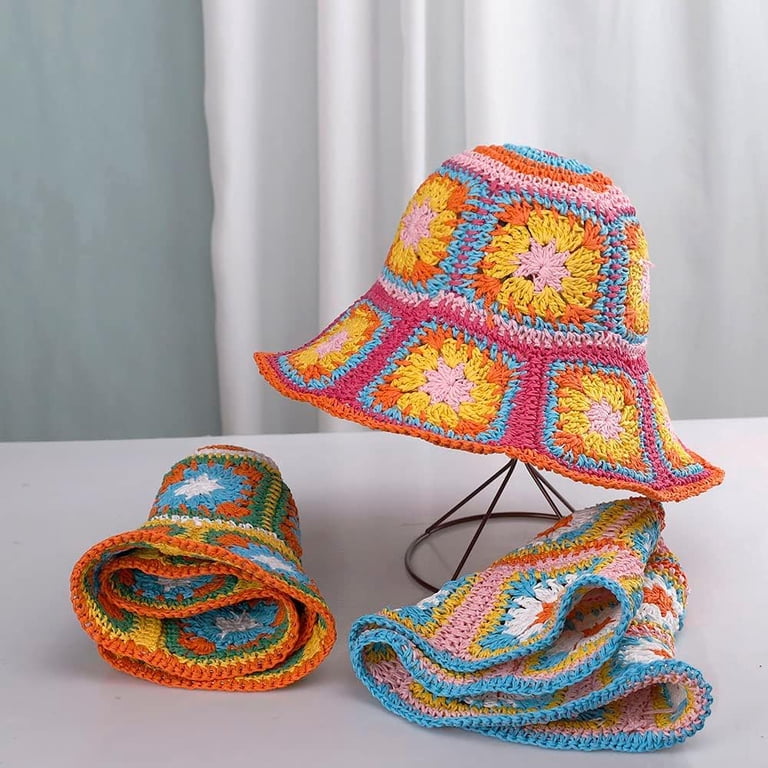 NEW BOHO PATTERNED STRAW BUCKET SUN HAT Multicolor Floral Crochet Straw Sun Hat Foldable Packable  main image 3