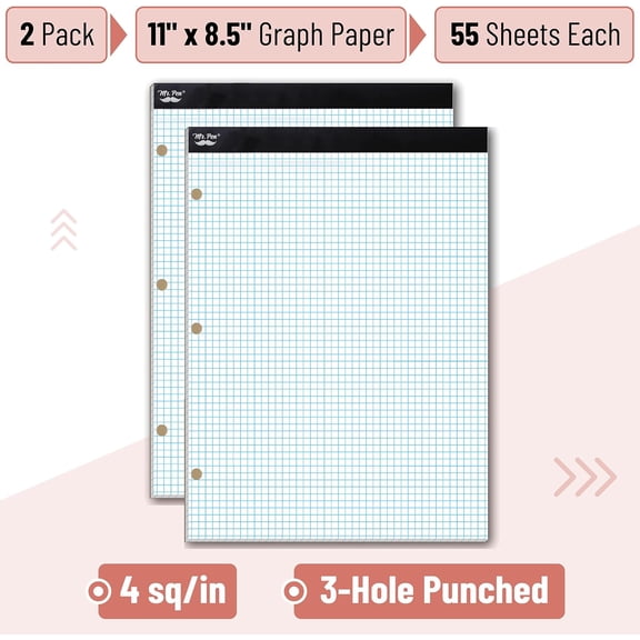 SHILIU-- Graph Paper, 2 Pack of 55 Sheets, 8.5"x11", 4x4 (4 Squares Per Inch), 3-Hole Punched, Graphing Paper, Grid Paper Pad, Math Graph Paper Pad, Drafting Paper, Computation Pads, Square Paper