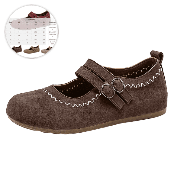 Shrysg Women's Mary Janes Ballet Flats Shoes with Double Buckle Straps Breathable Faux Leather Round Toe Casual Outdoor Walking Shoes Coffee