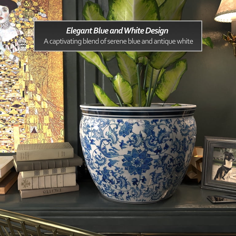 14" Blue & White Porcelain Floral Bowl Vase - Chinese Ming Style Centerpiece For Dining Table & Home Decor