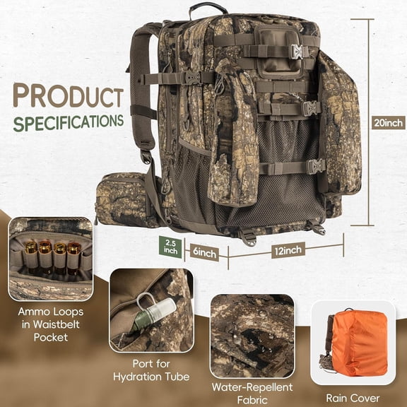 BLISSWILL Upgraded Hunting Backpack, With Padded Weapon Compartment for Bow Rifle, For Deer and Elk Hunting, Hunting bag with Rain Cover (Rock Bark)