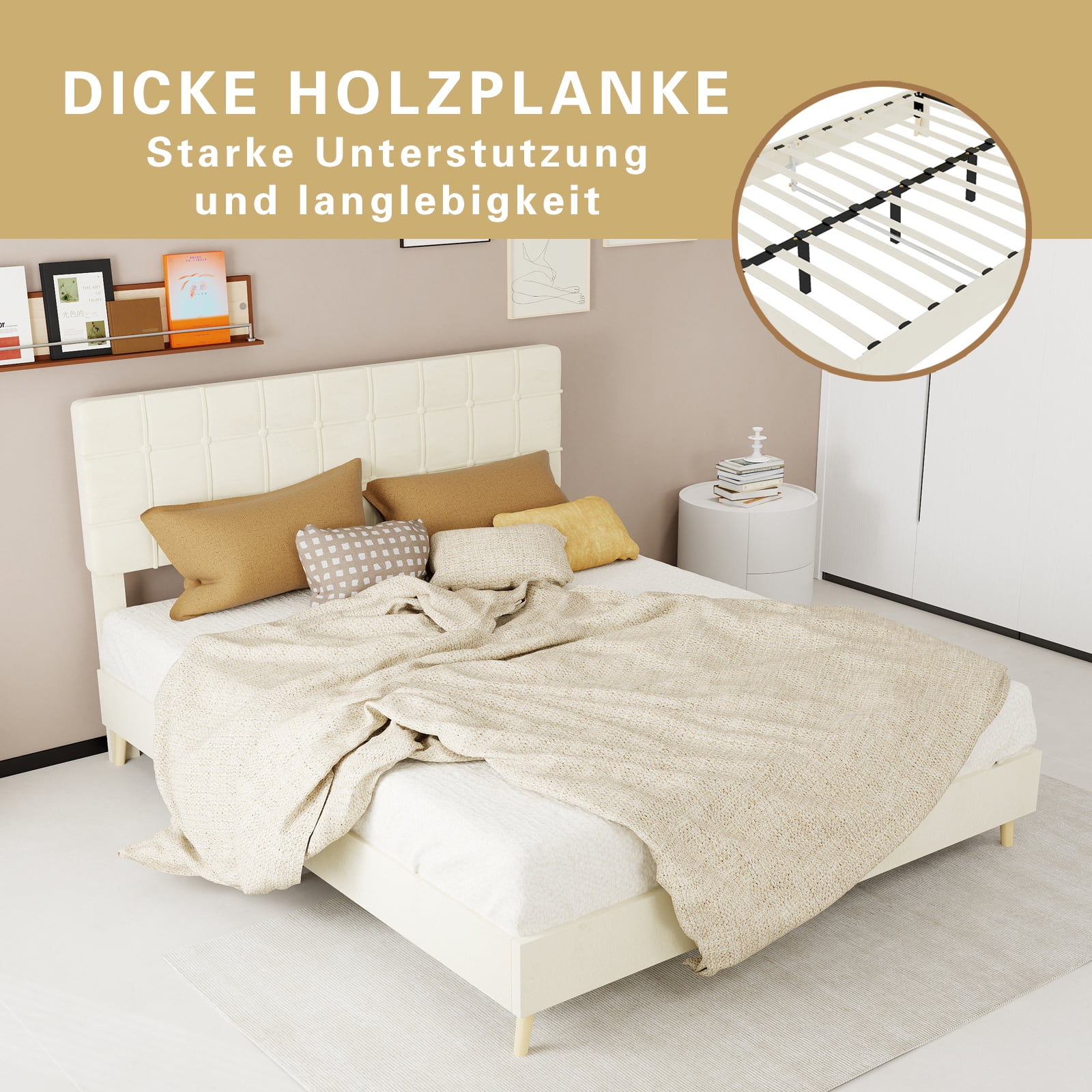Leumius Queen Size Upholstered Platform Bed Frame with Tufted Headboard and Ergonomic Padding,Beige