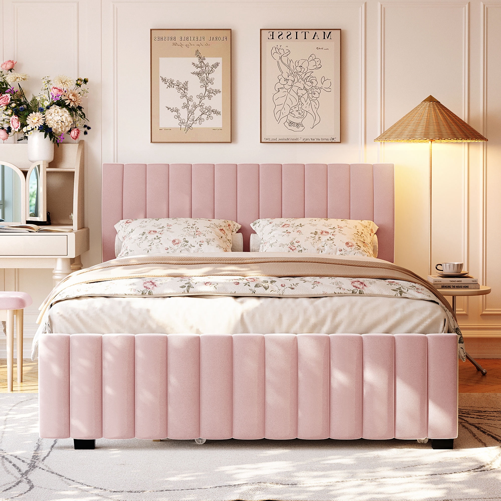 Mintazer Queen Size Velvet Upholstered Platform Bed with Headboard & Twin XL Trundle for Bedroom, Pink