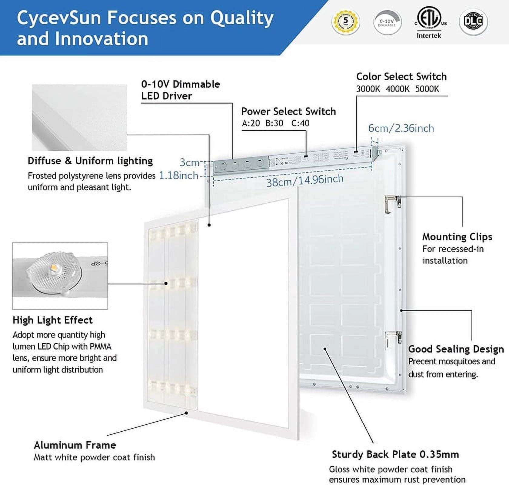 8 Pack 2x2 LED Flat Panel Light Drop Ceiling 0-10V Dimmable, 20W/30W/40W Selectable, 3000K 4000K 5000K Switchable, 120-277V, ETL Listed