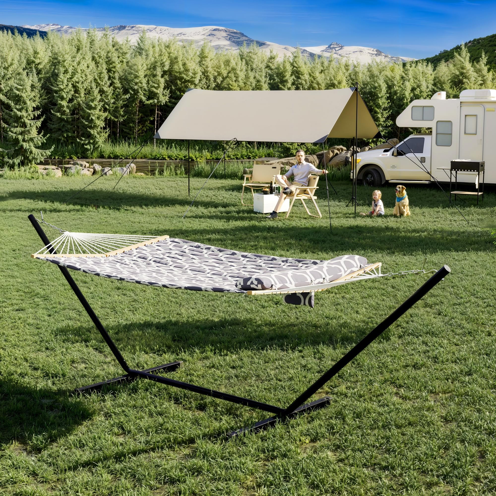 450 Lbs Capacity 2-Person Double Hammock with Stand - Portable Breathable Cotton Rope Hammock with Reversible Quilted Pad & Pillow for Patio, Garden & Camping