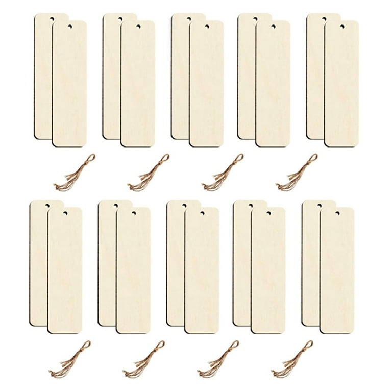 Wood Bookmark Bulk Blank Bookmarks with Ropes Wooden Book Markers Rectangle  Thin Hanging Tag with Holes for DIY 