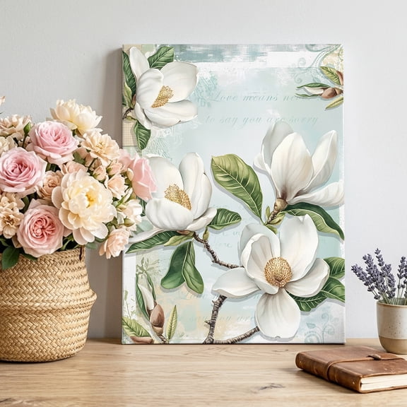Canvas Wall Art, White Floral Framed Canvas Prints for Living Room Bedroom, Pastoral Farmhouse Magnolia Flowers Leaves Large Gallery Wrapped Wall Decor for Home Office, Gifts, 16"x20" Ship Next Day